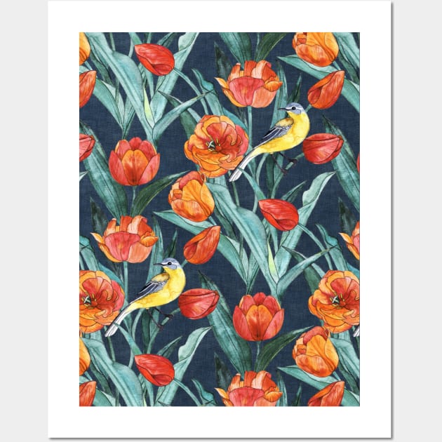 Blue Headed Wagtail in the Tulips - Indigo and Orange Wall Art by micklyn